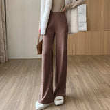 Winter Thick Knitted Women's Wide Leg Pants Side Split Elastic Waist Solid Straight Long Pant 2022 Casual Trouses
