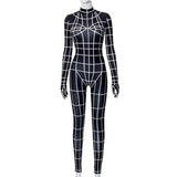 White Striped Print Black Jumpsuit Women 2023 Fashion Turtleneck Pants Skinny Club Outfits One-pieces Overalls with Glovers-Outfit