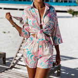 2pcs Beach Styles Satin Sets Women Fashion Scenery Pattern Button-down Shirts and Shorts 2021 New Summer Casual