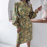 Floral Printed Dress 2022 ZANZEA Women Autumn Long Lantern Sleeve Elegant Stand Collar Sundress Casual Midi