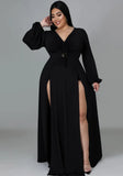 Romantic V-neck Full Sleeves Solid Slit Maxi Plus Size Long