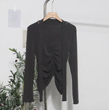 Real Shooting Explosion Long-Sleeved T-Shirt Girl Autumn Folded Waist-Bottomed Shirt V-Neck Ribbon Open Fork Short Top