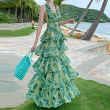 French Vacation Halo Dye Green Neck Hanging Belt Cake Dress Summer New Sanya Seaside Vacation Dress-Outfit