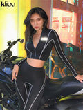 kliou women 2 pieces set fitness tracksuit long sleeve zipper crop top+leggings fashion reflective letters sportswear