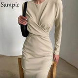 Night Club Elegant O Neck Ruched Long Sleeve Sexy Women Bodycon Dress 2020 Party Autumn Winter Black Wrap Long