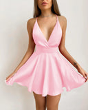 Women Elegant Spaghetti Strap V-Neck Cocktail mini Party Dress Solid Ruched Plunge Pep Hem Skater