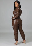 Leather Long Sleeve Crop Top and Pants Two Piece