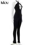 Kliou Baddie Style Jumpsuit Women Charming Sexy Middle Ribbons Cleavage One Pieces Sheath Sleeveless Halter Lace Up Clubwear