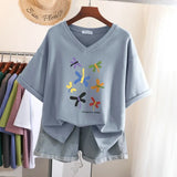 100% Cotton L-5XL T Shirt Plus Size Tshirt Short Sleeve Cartoon Women Top Summer Sweet Couple V Neck Oversized T Shirts-Outfit