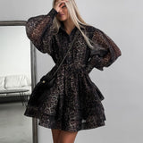 Woherb Women's Wear Early Spring 2024 New Chiffon Leopard Print Long Sleeved Dress Street Lapel Fluffy Dress-Outfit