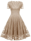 Lace Short Sleeves V-Neck Swing Bridemaid