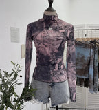 Shooting Denim Pattern Dye Printing Retro Babes Thin Mesh T-Shirt High-Necked Long Sleeve Bottom Shirt Top