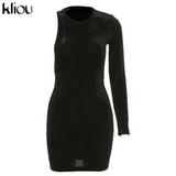 Kliou Knitting Cotton Mini Dress Women Solid Sexy Hipster One Shoulder Bodycon Sheath Shaped Waist Clubwear Female Skirts