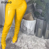 Women High Waist PU Leather Skinny Pants Solid Chic Streetwear Trousers-Outfit