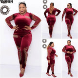 Sets For Women 2023 Long Sleeve Beading Diamonds African Elastic Bazin Baggy Pants Rock Style Dashiki Famous Suit Lady-Outfit