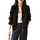 Woherb Sense Cross Strip Long Sleeve Jacket Standing Collar Baseball Uniform Women's Fall 2024 New Space Cotton Black Coat-Outfit
