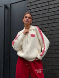 Knitted Cardigan Collar Zipper Retro Sports Rice White Hit Red High Street Burst