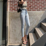 Jeans Woman High Waist Light Blue Korean Streetwear Stretchy Jeans Female Bottom Single-breasted Denim Pencil Pants