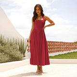 Women's Clothing 2025 New Temperament Pure Color Side To Receive Waist Hanging Neck-Laught