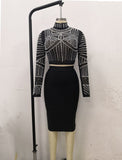 Quality Black Pearls Beading Two Pieces Set Rayon Bandage Set Club Party Fashion