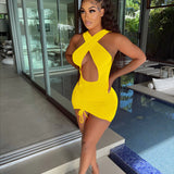 hirigin Sexy Ruched Night Party Dress 2021 Club Outfits for Women Cut Out Cross Halter Backless Summer Cute Mini Bodycon