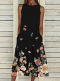 Elegant Dress Summer Floral Print Sleeveless Long Dresses Fashion Round Neck A-Line Pocket Female Dress Plus Size