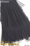 Women Beaded Petal Mid-length Ruffles Mesh Pleated Skirts Elegant High-waisted Fairy A-line Long Tulle Skirts QT1682-Outfit