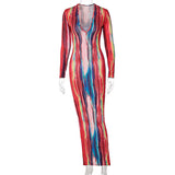 hirigin Tie Dye Stripe Print Sexy Maxi Dress Women Autumn Fashion Vestidos Night Club Party Long Sleeve Bodycon
