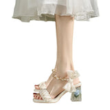Woherb Sandal Woman 2024 New Summer Thick Heel Non-Slip Fairy Wind With Skirt French Evening Wind High Heels-Outfit