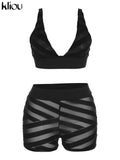 Kliou Mesh Patchwork Two Piece Set Women Sexy Solid Deep V-Neck Crop Tops+ See Through High Waist Skinny Female Matching