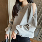 Autumn Casual Fashion Round Neck Zipper Off Shoulder Sweatshirt Women Long Sleeve Solid Jumpers Personality Pullover Top-Outfit