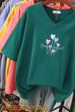 100% Cotton M-6XL T Shirt Heart Balloon Print Tshirt Short Sleeve Women's Top Summer Couple V Neck Oversized T Shirts-Outfit