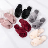 Fluffy House Slippers Cozy Faux Fur Cross Floor Indoor Slides Female Slip On Furry Flip Flops Warm Shoes Home
