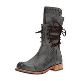 Leather Mid Calf Boots Retro Punk Lace-Up Low Heels Autumn Winter Motorcycle Boots Vintage Round Toe Cowboy Western