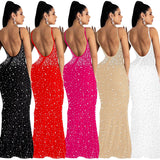 Fashion Women's Diamond Nightclub Sexy Sling Sleeveless Long Skirt Dress-Outfit
