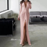 Woherb New Solid Color Dress Summer Fashion Sexy Slit V Neck Long Sleeve Solid Slim Pleated Skirt Dress-Outfit