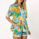 2 Piece Lounge Set for Women Summer Casual Floral Two Piece Vacation Outfits Button down Pajamas Ric Rac Shorts Set-Outfit