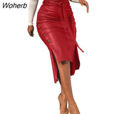 Women's Plain PU Leather Lace Zipper Deco Tied Detail Skirt 2022 Femme Sexy Skinny Midi Dress Office Lady Pencil Short Bottoms-Outfit