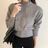 Chic Zipper Woolen Sweater Woman Autumn Stand Collar Gray Long-sleeve Warm Knitting Jumper Woman Fall Slim Waist
