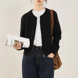 Woherb Waxy Gray Round Neck Sweater Knit Cardigan Coat Women's New Autumn And Winter With A Short Zipper Small Jacket-Outfit