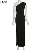 Kliou Solid Elegant Maxi Dress Women Inclined Shoulder Sleeveless Body-Shaping Side Split Robe Partywear Female