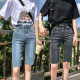 2024 Women's Denim Shorts Summer Bodycon Biker High Waisted Short Pants Woman Streetwear Knee Length Jean Shorts Female-Outfit