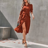 Autumn Elegant Fashion Solid Single Breasted Belt Midi Shirt Dress Women Temperament Slim A-line Vestidos Casual Dresses-Outfit