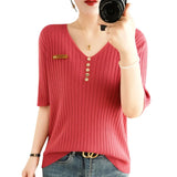 Woherb 2024 New Short Knit Women's Fashion Slim Short-Sleeve T-Shirt Thin Medium Sleeve Top-Outfit