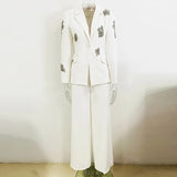 Fashion New Heavy Industry Nails Diamond A Buckle Suit Jacket Wide Leg Trousers Set