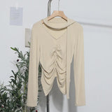 Real Shooting Explosion Long-Sleeved T-Shirt Girl Autumn Folded Waist-Bottomed Shirt V-Neck Ribbon Open Fork Short Top