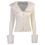 Knitted Cardigans Fluffy Sleeve Button Sweater Winter Elegant Vintage Casual Slim Turn Down Collar Solid Jacket