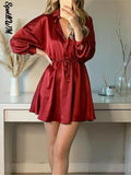Women Vintage Red Silk Satin With Tied Turn Down Collar Mini Dress Female Fashion Causual Long Sleeve Club Party Night