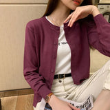 Women's Round Neck Cardigan Sweater Lightweight Long Sleeve Knitted Cardigans Woman Solid Color Button Up Jumper Jacket-Outfit