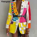Women Jackets Print Full Sleeve Notched Collar Single Button Straight Jackets Coats Office Lady Fashion Clothing
